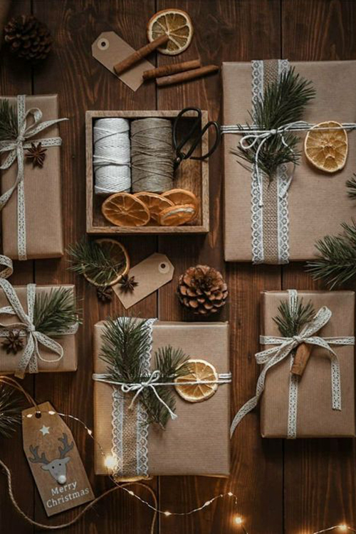 Best DIY gift wrapping ideas: Brown Paper, greens, oranges, and reds