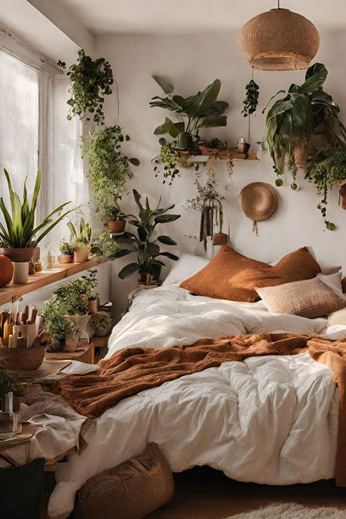 Bohemian plant bedroom ideas: Earthy tones
