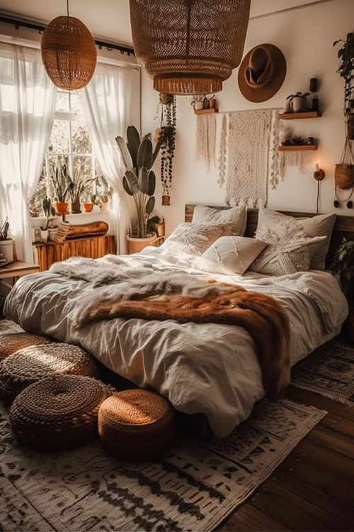 Bohemian plant bedroom ideas: Thrifted furniture