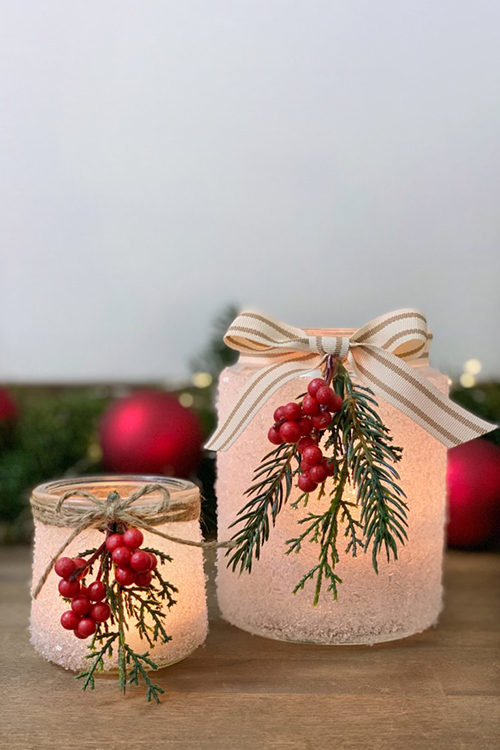 Christmas mason jar ideas: snowy candle holder